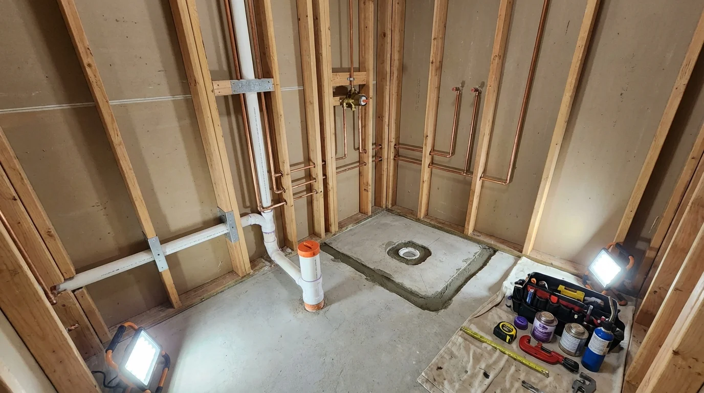 Bathroom rough-in plumbing during remodel by Johns Plumbing LLC in Felton
