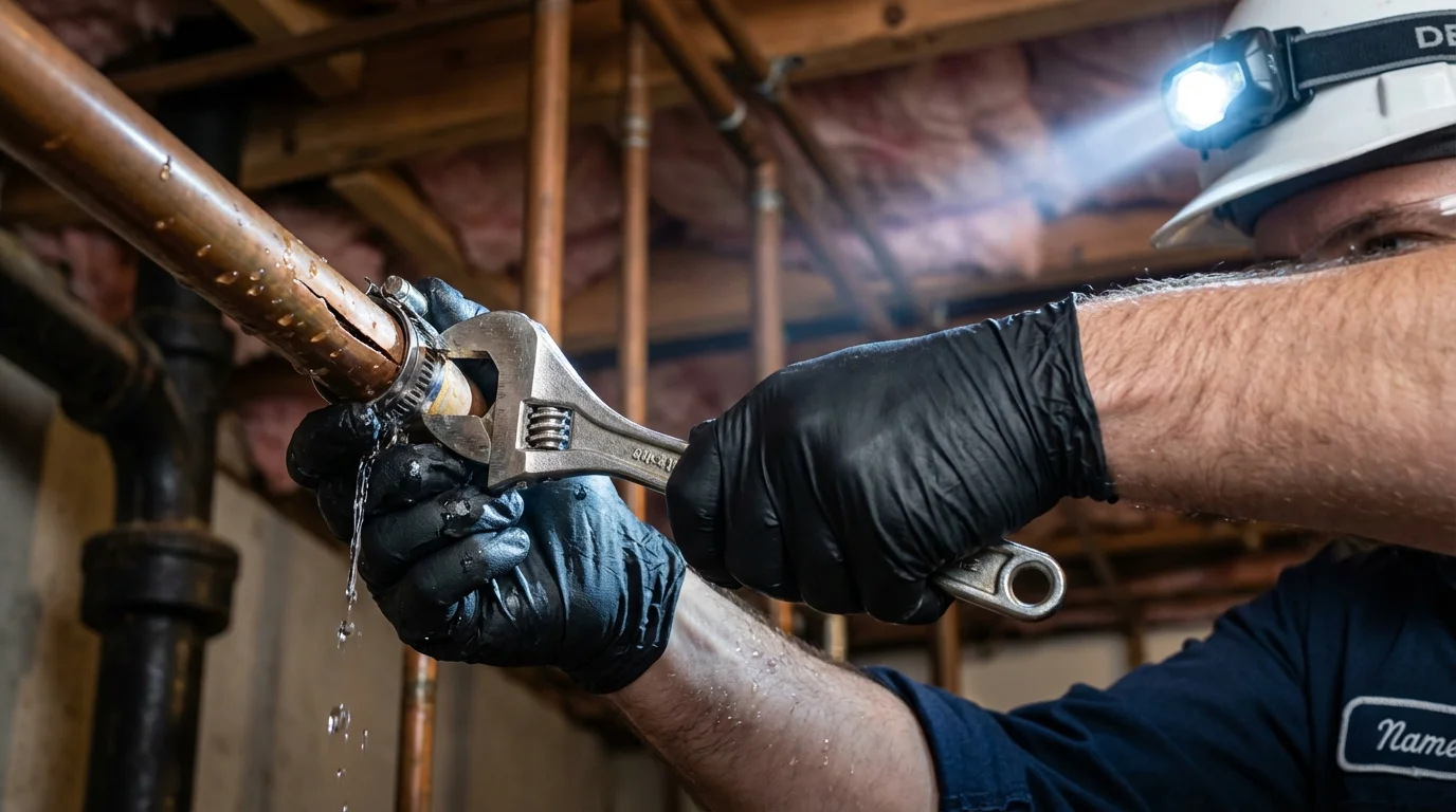 Emergency pipe clamp repair being performed by a Johns Plumbing LLC plumber in Felton