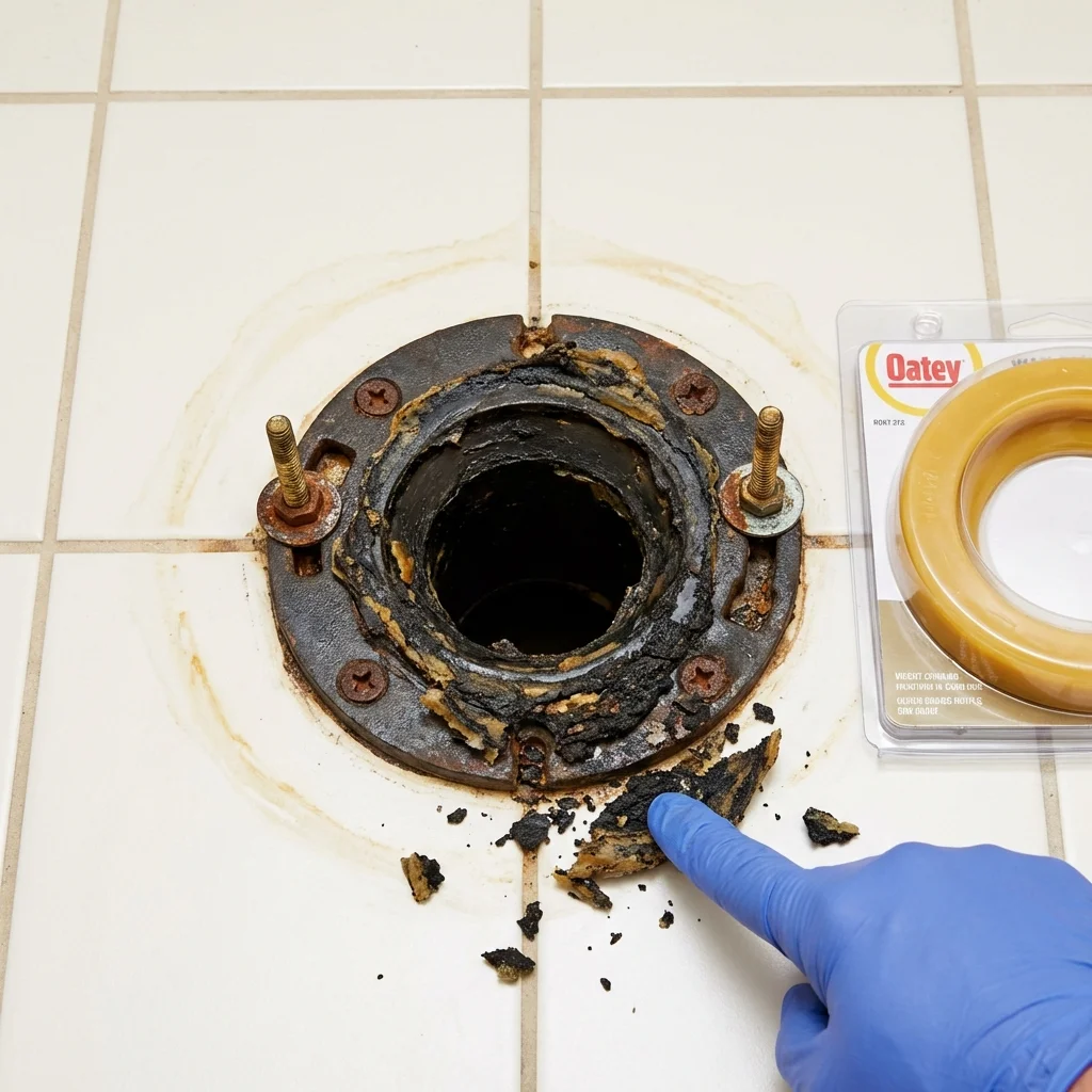 Failed wax ring showing water seepage at the base of a toilet in a Felton, CA home