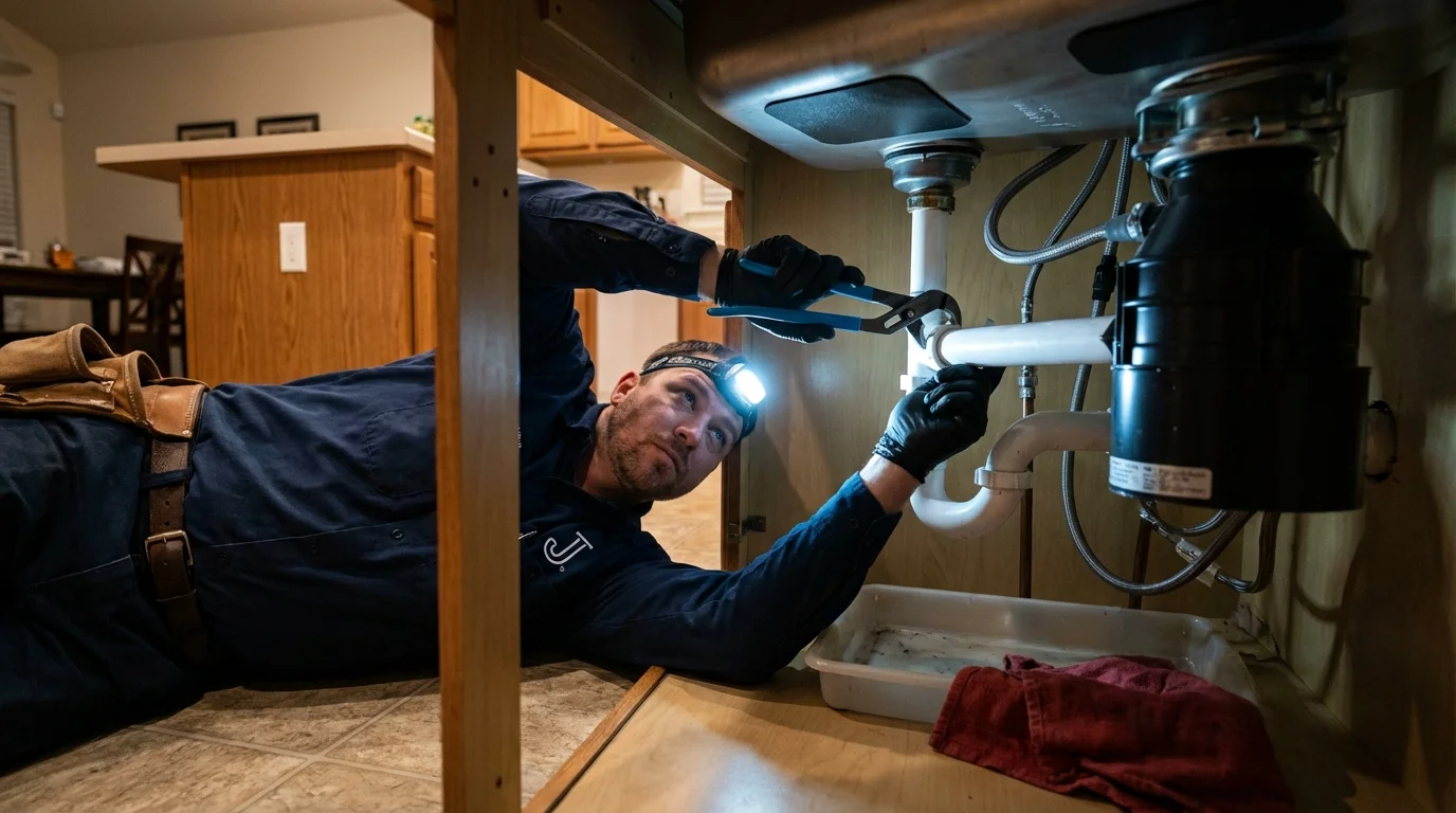 P-trap and supply line connections under a kitchen sink showing a common leak point in Felton, CA